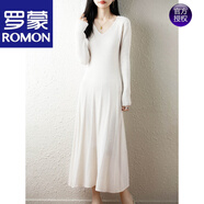 羅蒙（ROMON）氣質(zhì)V領(lǐng)100純羊毛針織連衣裙女秋冬內搭毛衣裙顯瘦羊毛絨長(cháng)裙 白色 S