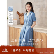茵曼（INMAN）時尚復(fù)古連衣裙女夏季翻領(lǐng)寬松A字燈籠袖長裙 牛仔藍(lán)-新 S