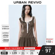 UR2025春季新款女裝撞色蕾絲飄帶U領(lǐng)無(wú)袖修身連衣裙UYY750014 深棕色 (偏短) L