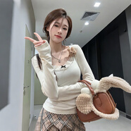 妙奕嘉長袖t恤女士打底衫女可外穿內(nèi)搭秋裝新款2025年上衣正肩顯瘦秋衣 蕾絲蝴蝶結(jié)純欲打底衫【杏色】 M 【建議95斤內(nèi)】