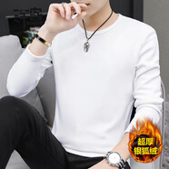 洋客高端純色長(cháng)袖t恤男士半高領(lǐng)打底衫棉秋衣內搭新款秋裝加絨上衣潮 白色-圓領(lǐng) （加絨款） M 【適合105-120斤】