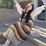 減齡甜美彩虹條紋針織背心連衣裙秋搭配一整套長(cháng)袖白色襯衫套裝女 襯衫+背心裙 【收藏店鋪優(yōu)先發(fā)貨】 S  【建議100斤內】