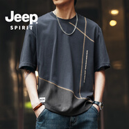 JEEP SPIRIT吉普美式設(shè)計(jì)感拼接短袖T恤男夏季寬松休閑潮流圓領(lǐng)純棉體恤男 深灰 XL  適合145-160斤