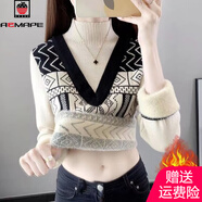 AEMAPE一體絨加絨加厚針織打底衫2025秋冬新款半高領(lǐng)假兩件女士毛衣拼色 杏色【保暖一體絨】 M 建議95-110斤