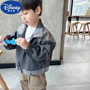 迪士尼（Disney）男童洋氣短款拼色風(fēng)衣外套春款童裝兒童戶(hù)外上衣防風(fēng)立領(lǐng)沖鋒上衣 灰色 現貨 150 cm