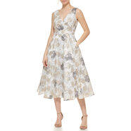 Eliza J 女式中長(cháng)款花卉歐根紗無(wú)袖 V 領(lǐng)連衣裙 象牙白 金色 16