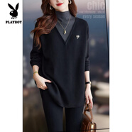 花花公子（PLAYBOY）中長(cháng)款假兩件針織衫上衣女冬季大碼微胖mm韓版百搭打底半高領(lǐng)毛衣 黑色 XL (建議120-140斤)