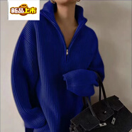 初徑冬季加厚套頭拉鏈高領(lǐng)中長(cháng)款針織衫寬松外穿搭慵懶風(fēng)復古毛衣女 克萊因藍 XS