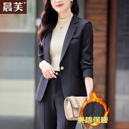 晨芙職業(yè)西裝套裝女秋冬小個(gè)子氣質(zhì)女神范休閑夾棉加厚西服外套工作服 (夾棉)黑色西裝+常規西褲 M 建議90-100斤