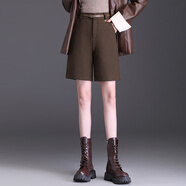 賽曼蝶秋冬外穿毛呢短褲女毛呢5分褲中褲高腰闊腿直筒西裝五分褲靴褲 咖色 M 27/體重92-104斤