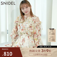 SNIDEL秋冬甜美荷葉邊露肩收腰系帶印花連衣裙SWFO244271 花朵圖案 M （1）