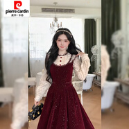 皮爾卡丹（pierre cardin）2025新款法式宮廷風(fēng)絕美收腰長(cháng)袖禮服連衣裙秋冬新款早秋長(cháng)裙裙子 紅色連衣裙 S