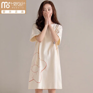 莫代爾夏季薄款睡裙女短袖純棉睡衣連衣裙女生寬松中長(cháng)款全棉休閑家居服 X1502米白花朵 L 衣長(cháng)94適合100-120斤
