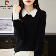 皮爾卡丹針織套頭羊毛衫女士秋冬新款法式上衣翻領(lǐng)寬松拼色毛衣外穿打底衫 黑色白領(lǐng)[好品質(zhì)] 常規 S 建議85-100斤