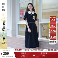 兩三事梵高文藝 梵花遺夢(mèng) 2025夏季新款印花布拼接撞色翻領(lǐng)連衣裙 黑色-y L