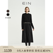 EIN言撞色手作感鉤花縮絨綿羊毛拼接柔霧紗針織連衣裙女秋冬新款 石墨黑 L