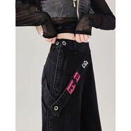 雷黛茜側邊拉鏈漸變闊腿牛仔褲女春夏新款復古高腰寬松顯瘦直筒 黑色 【#店長(cháng)主推#百搭款X*】 M 【*95斤-105斤】