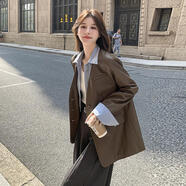 Semir美拉德皮衣西裝外套女春秋2025新款感寬松休閑假兩件PU皮西服 森馬棕色 L (【116-125斤】)