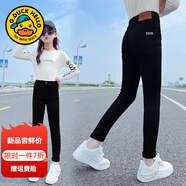 G.duck小黃鴨女童褲子春秋新款兒童牛仔褲中大童緊身褲女孩秋冬加絨長(cháng)褲 黑色 120 尺碼5~6歲【110-120cm】