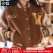 馬登女裝 學院風夾克保暖秋季外套女毛呢上衣刺繡拼色字母棒球服 焦糖色 馬登工裝 M