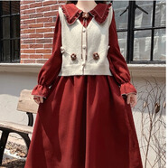 G.DUCKKIDS12-18歲女大童紅色連衣裙秋冬裝女孩娃娃領(lǐng)公主裙針織馬甲兩件套 白馬甲+紅裙 165 S建議80-95斤