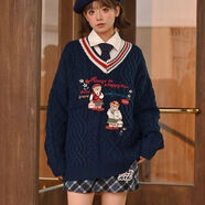 歡帥重工麻花英倫學(xué)院風(fēng)V領(lǐng)毛衣 森女套頭針織衫內搭冬2023年新款女裝 藏青色 【V領(lǐng)長(cháng)袖毛衣】 S 85-95斤