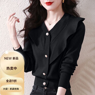 秋水月色伊人小香風(fēng)針織衫開(kāi)衫女秋冬季不規則荷葉邊V領(lǐng)上衣高端紅色毛衣外套 黑色 S 85-95斤