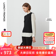 朗姿純羊毛設(shè)計(jì)感假兩件內(nèi)搭打底上衣冬季新款氣質(zhì)毛針織衫 黑色3米白袖 M