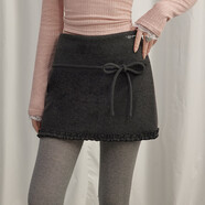 UNIFREE毛呢半身裙復古蝴蝶結系帶設計顯瘦百搭花邊包臀短裙 深灰色 L