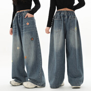 KUCLUT初中女童牛仔褲秋冬款加肥加大碼寬松直筒闊腿褲少女孩加絨褲子 牛仔藍 150