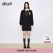 DZZIT地素連衣裙秋冬復古學院風翻領長袖毛巾繡logo徽章女 黑色 XS