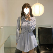 落跑姐妹（Runaway Sisters）時(shí)尚套裝女春秋2025韓版長(cháng)袖襯衫連衣裙高腰休閑短褲兩件套 藍色連衣裙+藍色短褲 S