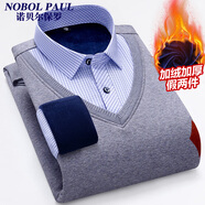 諾貝爾保羅保暖襯衫男假兩件加絨加厚免燙長(cháng)袖V領(lǐng)毛衣針織衫寬松彈力外套 8-888 L 【建議100-120斤】