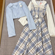 小紅書(shū)爆款法式藍色假兩件洋裝子女春夏季2025年新款今年流行爆款 藍格子洋裝(單件)[2025夏季穿搭/ 40/45kg/S 均碼