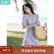 茵曼（INMAN）純棉法式氣質(zhì)連衣裙女裝2025夏季新品顯瘦V領(lǐng)泡泡袖A字長(cháng)裙子 紫荊粉 -18525989 XL