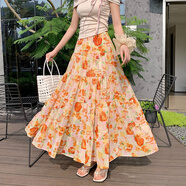待婉模特夏季雪紡花色半身裙多層拼接蛋糕長(cháng)裙子仙女雪紡裙 橘黃花開(kāi)牡丹 均碼