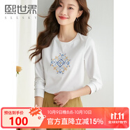 熙世界長袖T恤女2025春季新款民族風(fēng)復(fù)古刺繡百搭寬松圓領(lǐng)體恤衫 珍珠白 M