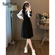 妤遇（YUUZYUUS）品牌女裝連衣裙女2025春秋新款法式撞色拼接假兩件顯瘦氣質(zhì)衛(wèi)衣裙 黑色 S