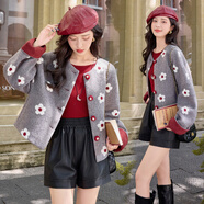 木清清設計感撞色拼接立體花朵小香風毛呢外套女歐洲站2025秋季新款上衣 灰色【面料升級版】 M