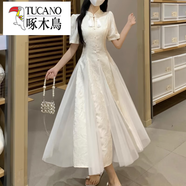 啄木鳥（TUCANO）新中式國風(fēng)重工網(wǎng)紗拼接旗袍裙夏大碼輕熟復(fù)古設(shè)計(jì)感氣質(zhì)連衣裙潮 杏色 3XL 【150-175斤】