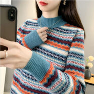 香影芬條紋半高領(lǐng)毛衣女秋冬季新款拼接加絨內搭打底衫套頭厚針織衫上衣 藍色 M (建議95-105斤)
