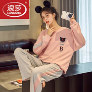 浪莎（LangSha）春秋季長(cháng)袖睡衣青少年大童女孩12-13-15歲初中學(xué)生高中生純棉套裝 長(cháng) 袖P1010粉 KB L 標準【95-115斤】