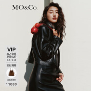 MO&Co.春秋PU皮素皮圓領皮袢金屬按扣短款皮衣夾克外套摩安珂 黑色 L 170