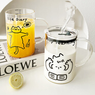 桂岐1L大容量玻璃吸管杯子泡茶涼喝水高硼硅牛奶帶把手蓋咖啡家用刻度 1L帶刻度*一蓋多飲【喝醉喵+蓋+吸管】