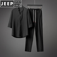 JEEP SPIRIT中國風(fēng)超薄五分袖冰絲亞麻套裝男夏季大碼寬松中袖T恤棉麻兩件套 黑色(TZ201) M 【參考體重100-120斤】
