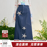 兩三事星河宇宙 2025春季新款復(fù)古格子星星貼布繡牛仔半身裙長(zhǎng)裙 藍(lán)色 L