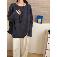 tromlfz歐美寬松大碼慵懶風(fēng)套頭毛衣女秋冬新款設計感軟糯圓領(lǐng)針織衫 深灰色 均碼
