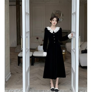 jane Deiune大碼法式收腰娃娃領(lǐng)黑色連衣裙女秋冬感新年禮服氣質(zhì)絲絨裙子 黑色【凡爾賽_顯瘦遮肉_梨形身材穿搭_獨特別致_絕 L _【100-120斤】