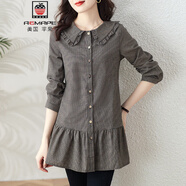 AEMAPE娃娃領(lǐng)中長款格子襯衫女春秋2025新款寬松遮肚子裙擺打底上衣小衫 黑色 4XL (推薦155-175斤)