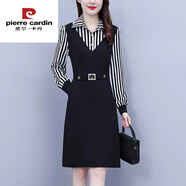 皮爾卡丹（pierre cardin）假兩件條紋連衣裙女春秋季2025新款拼接韓版收腰顯瘦中年媽媽裙子 黑色 今年流行的輕奢品牌 M 90-102